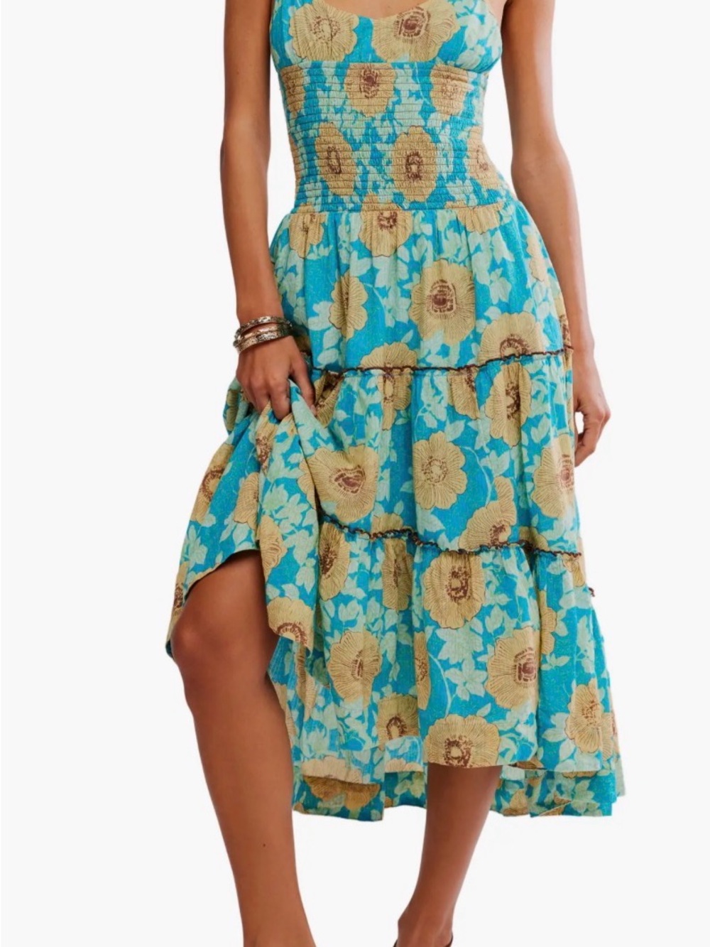 Free People Adriel Tie Strap Tiered Midi Dress Ocean Combo Size L -NWT